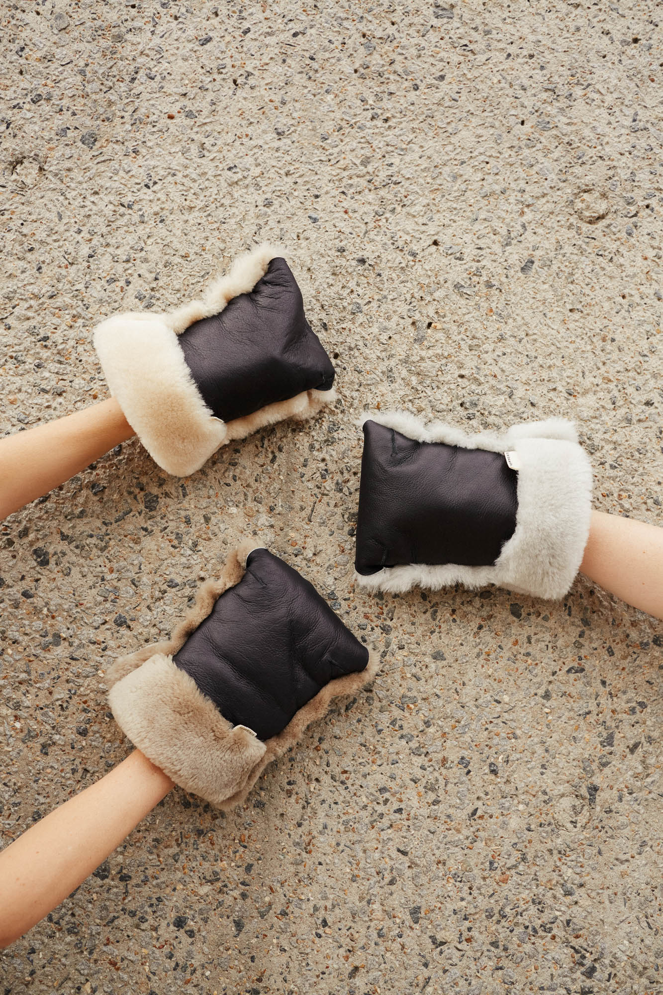 Milk, moon and toast sheepskin buggy mittens by BINIBAMBA