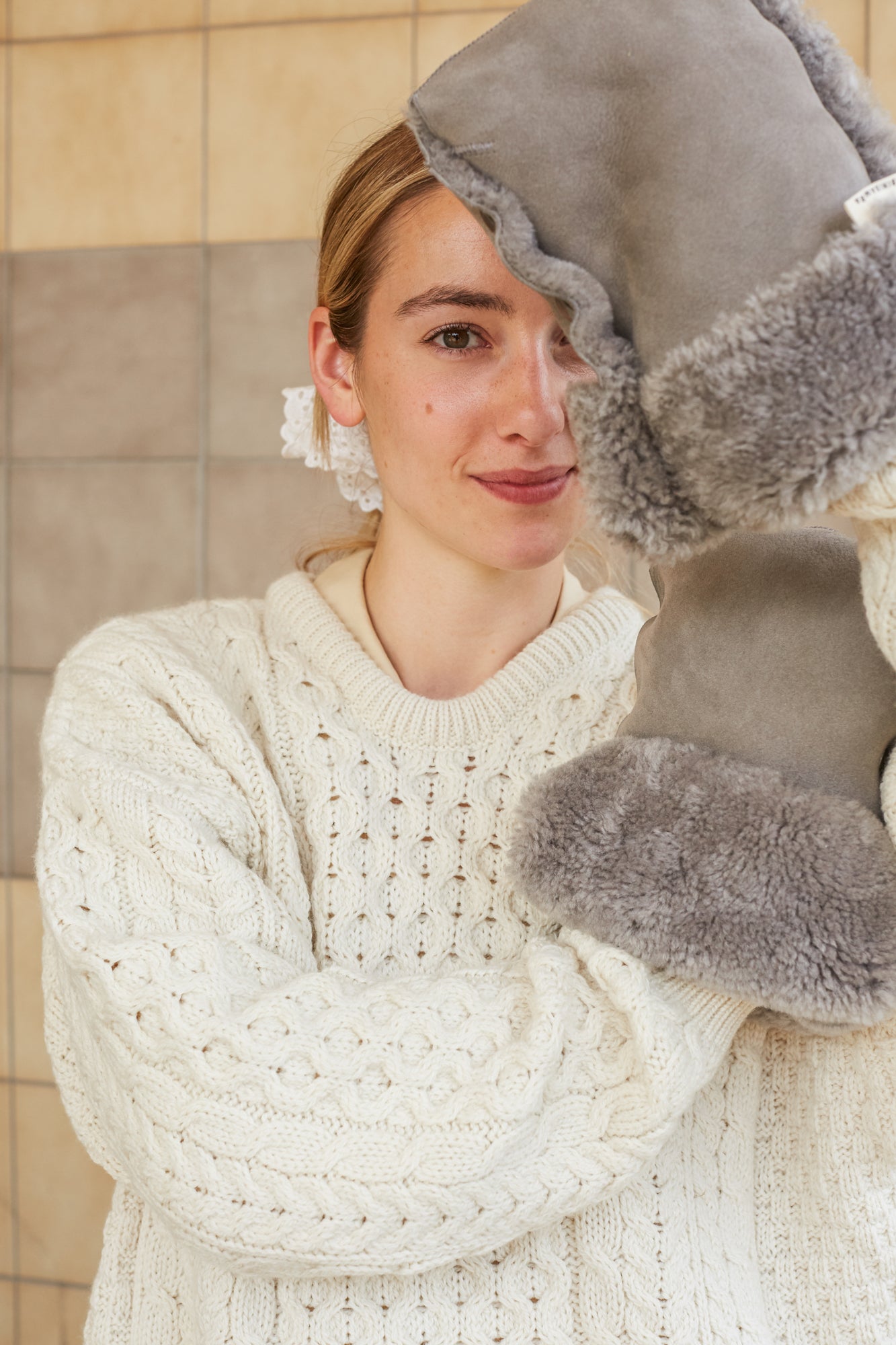 Grey sheepskin buggy mittens