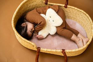 Binibear teddy bear with a little girl lying in a Moses basket